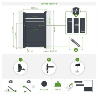 Portail coulissant 6m GIONA H.160cm alu gris + Portillon 1M CIMONE H.160cm alu
