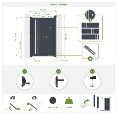 Portail coulissant 6m GIONA H.160cm alu + portillon GIONA H160 GRIS
