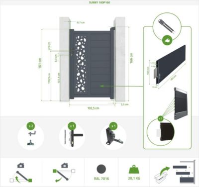 Portail coulissant 6m SUNNY H.160cm alu + portillon SUNNY H160 GRIS