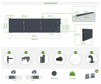 Portail coulissant 6m VELETA H.160cm alu + portillon VELETA H160 GRIS