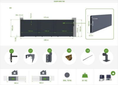 Portail coulissant aluminium 5m EIGER H.160cm gris