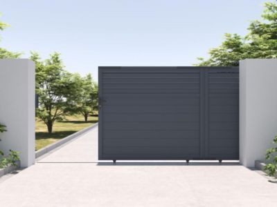 Portail coulissant aluminium persienné L416 x H180 cm anthracite - VIAZO