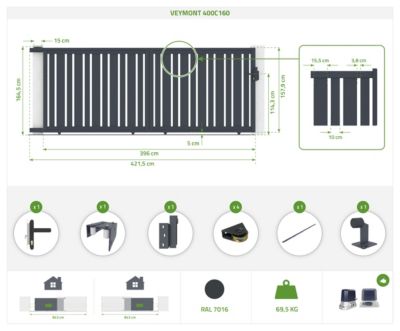 Portail coulissant électrique 4x1,6m VEYMONT + Motorisation RANGER C300