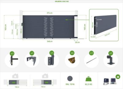 Portail coulissant motorisé 3,5m ARLBERG H.160cm + Motorisation RANGER C300