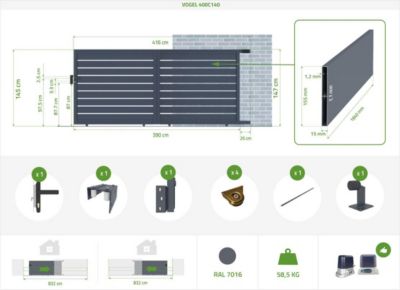 Portail coulissant motorisé 4m VOGEL H.140cm + Motorisation RANGER C300