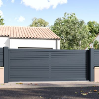 Portail coulissant motorisé aluminium gris 7016 texturé L.406 x l.142 cm Belty Azyr - ouverture à gauche