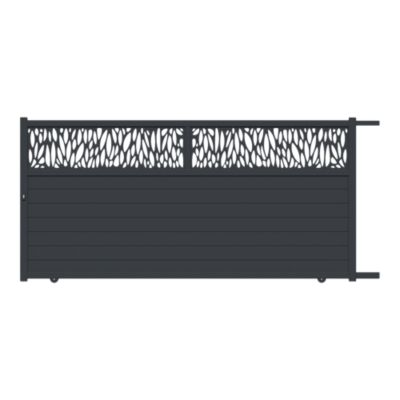 Portail coulissant motorisé avec panneau décoratif feuille aluminium gris l.360cm x H.174,8 x P.4 cm Neva Klikstrom