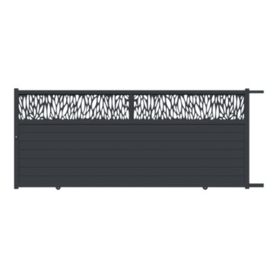 Portail coulissant motorisé avec panneau décoratif feuille aluminium gris l.410cm x H.174,8 x P.4 cm Neva Klikstrom