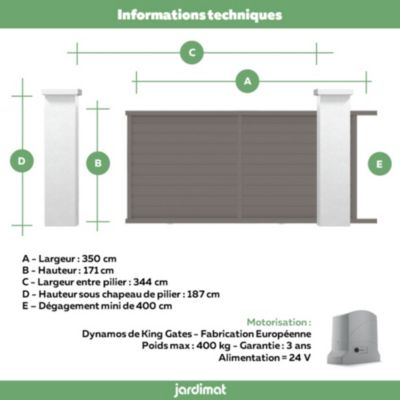 Portail coulissant motorisé cesson 350x171 cm Gris taupe 2900 Jardimat