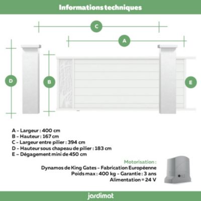 Portail coulissant motorisé frejus arbre 400x166,8 cm Blanc 9016 Jardimat