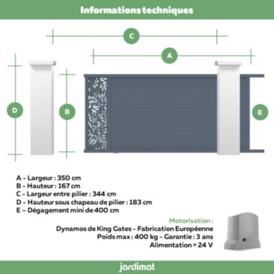 Portail coulissant motorisé frejus végétal 350x166,8 cm Gris anthracite 7016 Jardimat