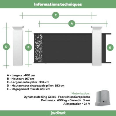 Portail coulissant motorisé végétal 400x166,8 cm Noir 9005 Jardimat