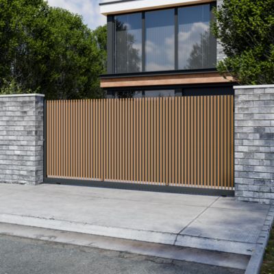 Portail coulissant tasseau plein aluminium chêne clair et gris RAL 7016 l.410 x H.170 cm 4ALU