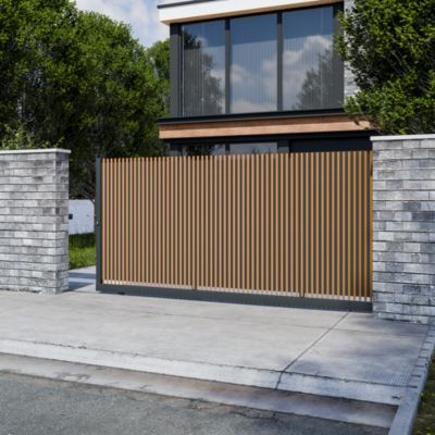 Portail coulissant tasseau plein aluminium chêne clair et gris RAL 7016 l.410 x H.170 cm 4ALU