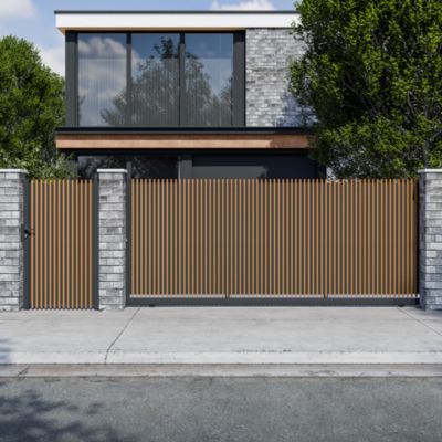 Portail coulissant tasseau plein aluminium chêne clair et gris RAL 7016 l.410 x H.170 cm 4ALU