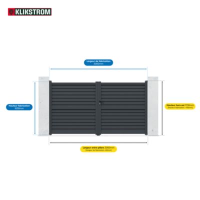 Portail effet persienne battant Neva aluminium gris anthracite RAL 7021 l.300 x H.163 cm Klikstrom