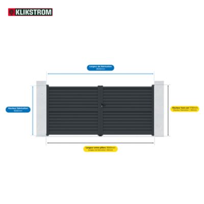 Portail effet persienne battant Neva aluminium gris anthracite RAL 7021 l.350 x H.163 cm Klikstrom