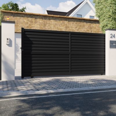 Portail effet persienne coulissant aluminium Neva Klikstrom + motorisation Somfy l.410 x H.163 cm gris anthracite RAL 7021