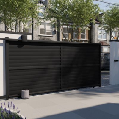 Portail effet persienne coulissant aluminium Neva Klikstrom + motorisation Somfy l.410 x H.163 cm gris anthracite RAL 7021