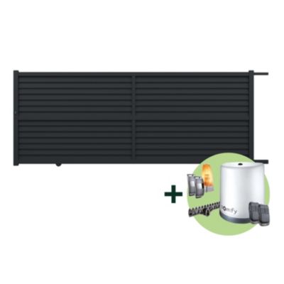 Portail effet persienne coulissant aluminium Neva Klikstrom + motorisation Somfy l.410 x H.163 cm gris anthracite RAL 7021