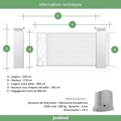 Portail en aluminium coulissant motorisé Fréjus blanc 350 cm