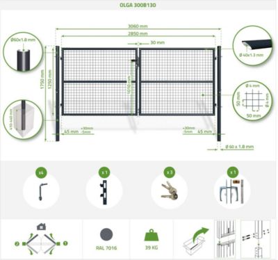 Portail grillagé 3m OLGA H.130cm + Portillon 1m OLGA H.130cm Gris