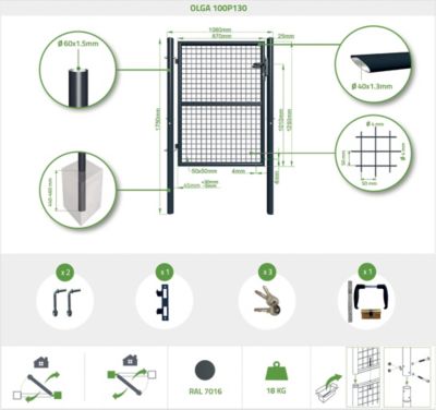 Portail grillagé 3m OLGA H.130cm + Portillon 1m OLGA H.130cm Gris