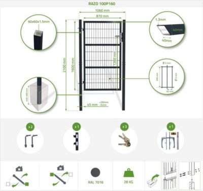 Portail grillagé 3m RAZO H.160cm + Portillon 1m RAZO H.160cm Gris