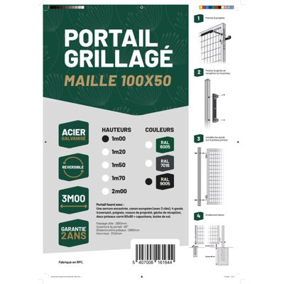Portail grillagé acier galvanisé L 3m Noir H 1m00