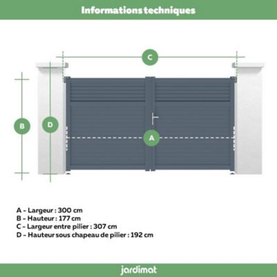 Portail Jardimat battant aluminium Annoire gris anthracite - 300 x h.177 cm