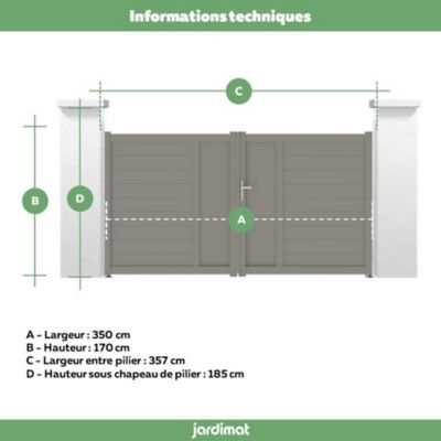 Portail Jardimat battant aluminium Aquarelle gris quartz - 350 x h.170 cm