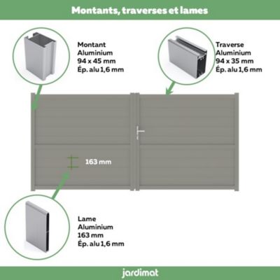 Portail Jardimat battant aluminium Perth gris quartz - 400 x h.166 cm