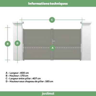 Portail Jardimat battant aluminium Perth gris quartz - 400 x h.166 cm