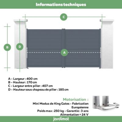 Portail Jardimat battant motorisé aluminium Perth gris anthracite - 400 x h.166 cm