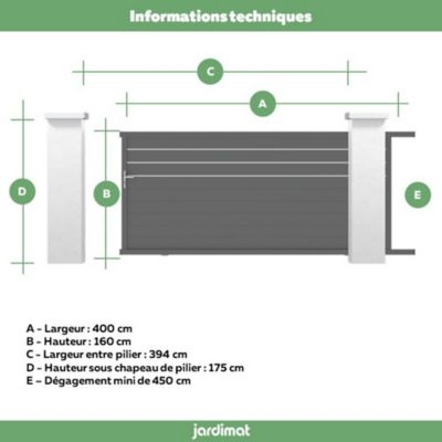 Portail Jardimat coulissant aluminium Alpes Trio gris antique - 400 x h.160 cm