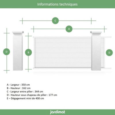 Portail Jardimat coulissant aluminium Chalon blanc 9016 - 350 x h.162 cm