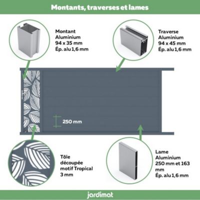 Portail Jardimat coulissant aluminium Frejus Tropical gris anthracite - 350 x h.170 cm