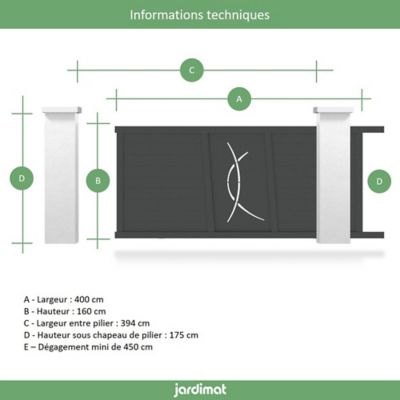 Portail Jardimat coulissant aluminium Lausanne noir 2100 - 400 x h.160 cm