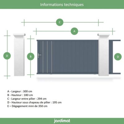 Portail Jardimat coulissant aluminium Valois gris 300 x h.180 cm