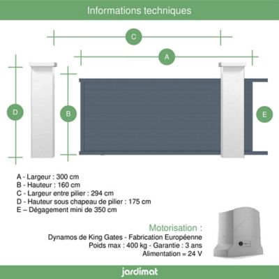 Portail Jardimat coulissant motorisé aluminium Alpes gris anthracite - 300 x h.160 cm