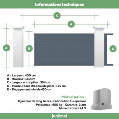 Portail Jardimat coulissant motorisé aluminium Alpes gris anthracite - 400 x h.160 cm