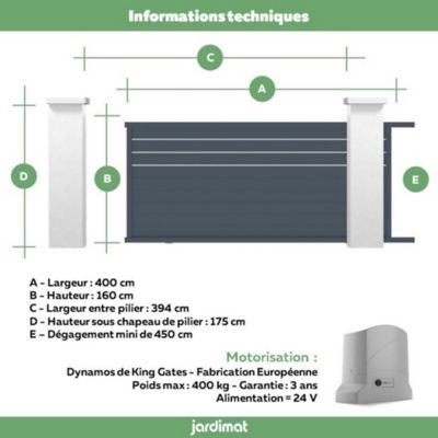 Portail Jardimat coulissant motorisé aluminium Alpes Trio gris anthracite - 400 x h.160 cm