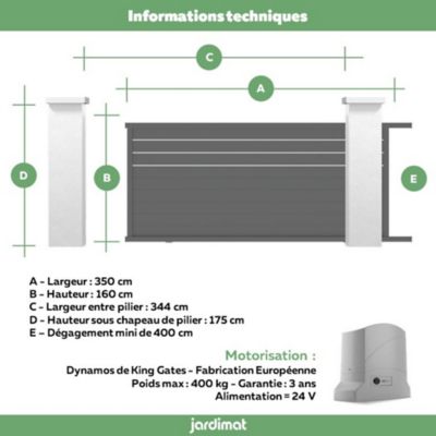 Portail Jardimat coulissant motorisé aluminium Alpes Trio gris antique - 350 x h.160 cm