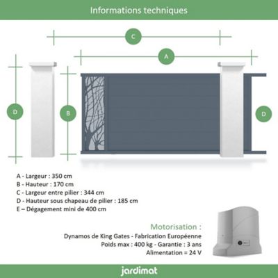 Portail Jardimat coulissant motorisé aluminium Fréjus gris - 350 x h.170 cm