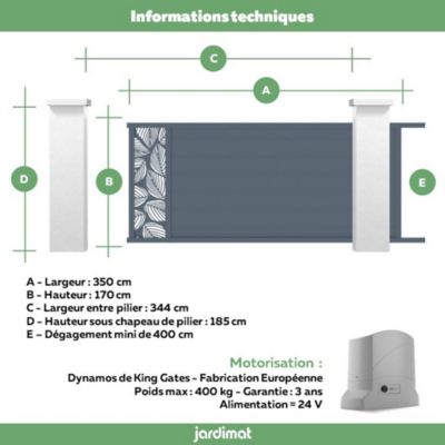 Portail Jardimat coulissant motorisé aluminium Frejus Tropical gris anthracite - 350 x h.170 cm