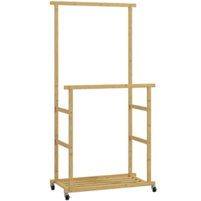 Portant bois bambou naturel verni - penderie mobile double barre et étagère - 80 x 40 x 160 cm