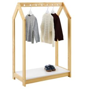 Portant enfant SALLY, garde-robe enfant en pin massif montessori avec 1 étagère, penderie en bois couleur naturelle et blanc