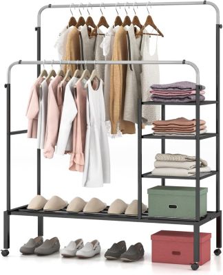 Portant à Vêtements à Double Mobile 135x54CM 2 Barres de Suspension Réglables Etagère à 3 Niveau et à Chaussures Noir Argent