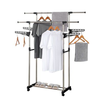 Portant à vêtements double réglable avec roulettes et ailettes de suspension Herzberg HG03275