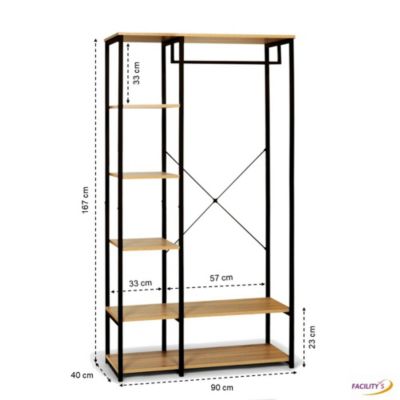 Portant à Vêtements Industriel Bois et Métal - Dressing avec Penderie et Étagères de Rangement - Design Robuste 167x90x40 cm